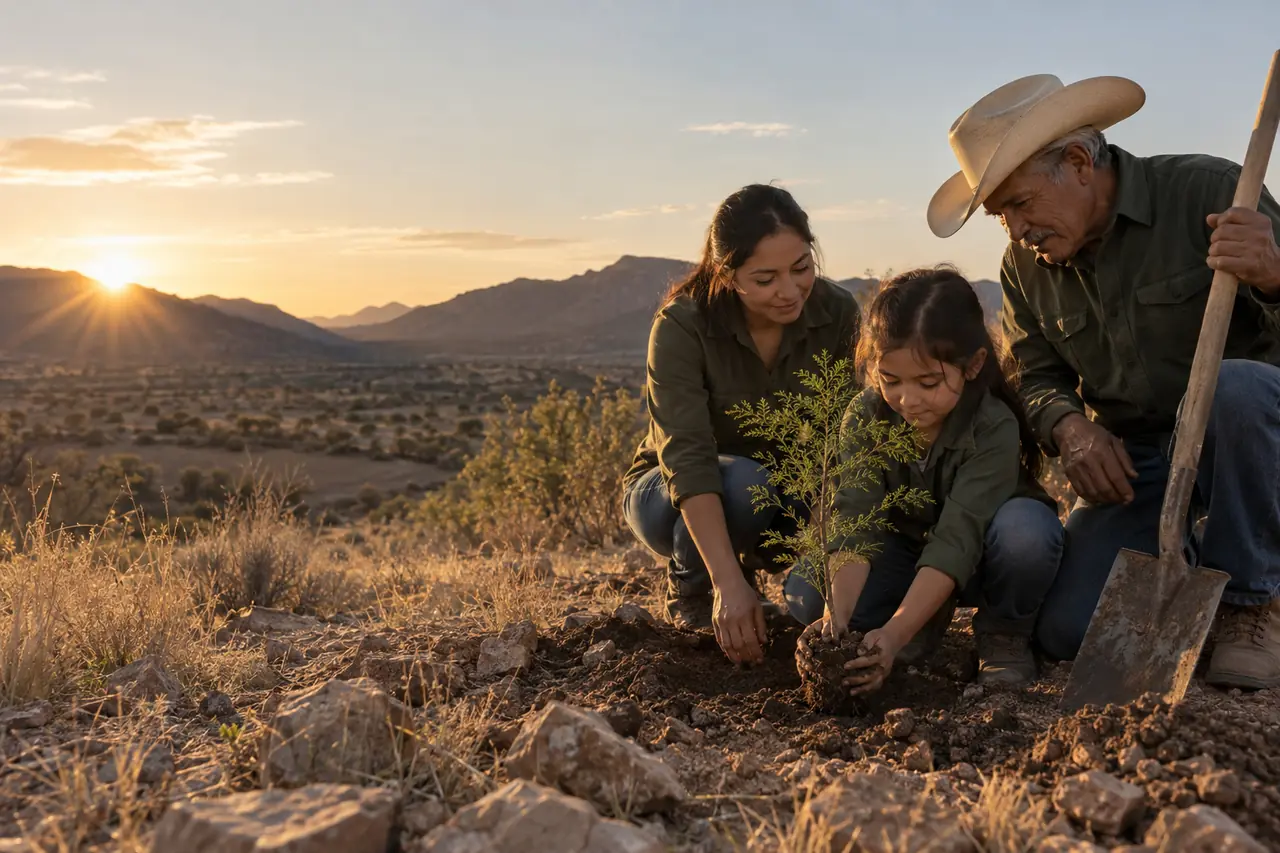 Ilustración de una niña con su familia que planta un árbol en un paisaje semiárido de Durango